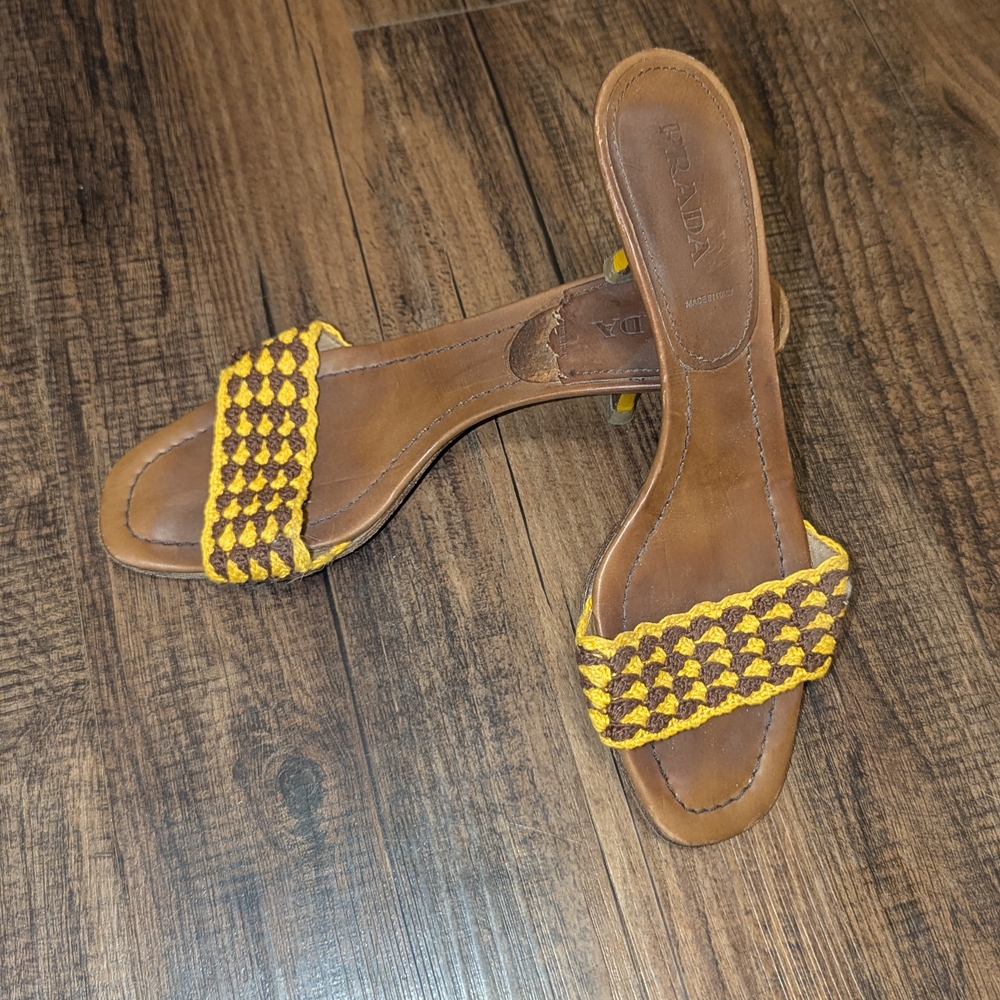 Prada Brown and Yellow Woven Sandals